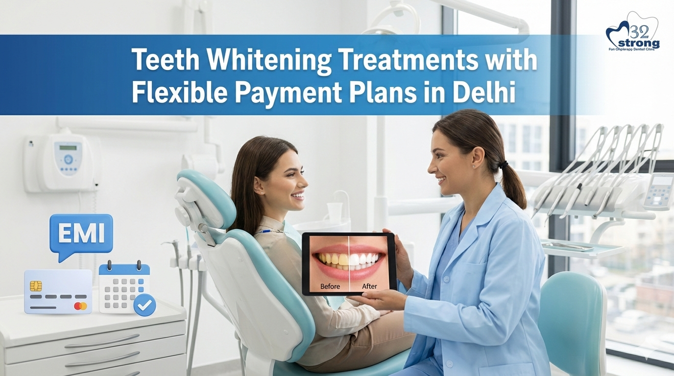 Dentist showing teeth whitening results and flexible payment options to a patient in a Delhi dental clinic