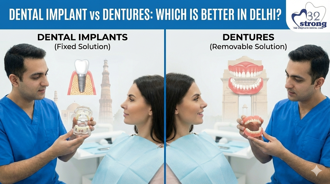 Comparison of dental implants and dentures explained by a dentist to a patient in a Delhi dental clinic