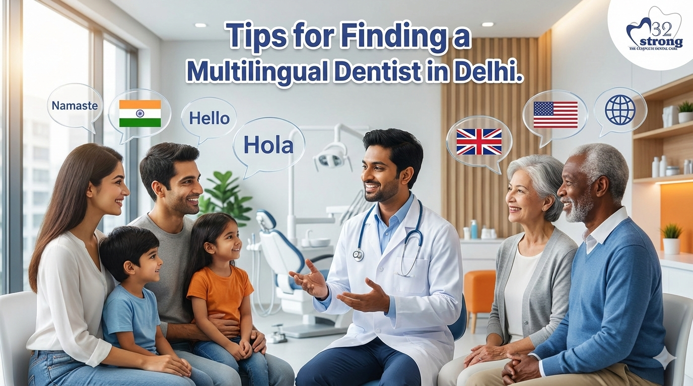 Multilingual dentist communicating with diverse patients in a modern dental clinic in Delhi
