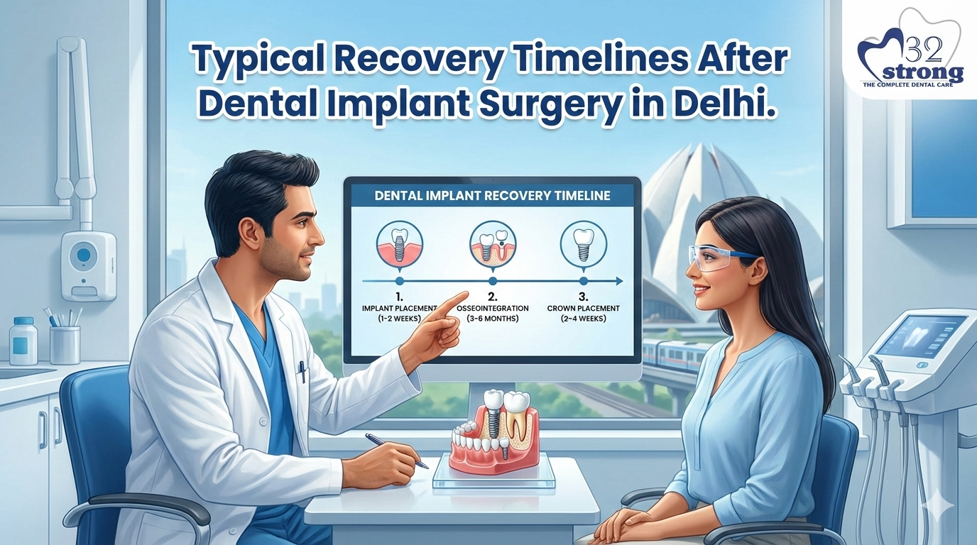 Dentist explaining dental implant recovery timeline to a patient in a modern Delhi dental clinic