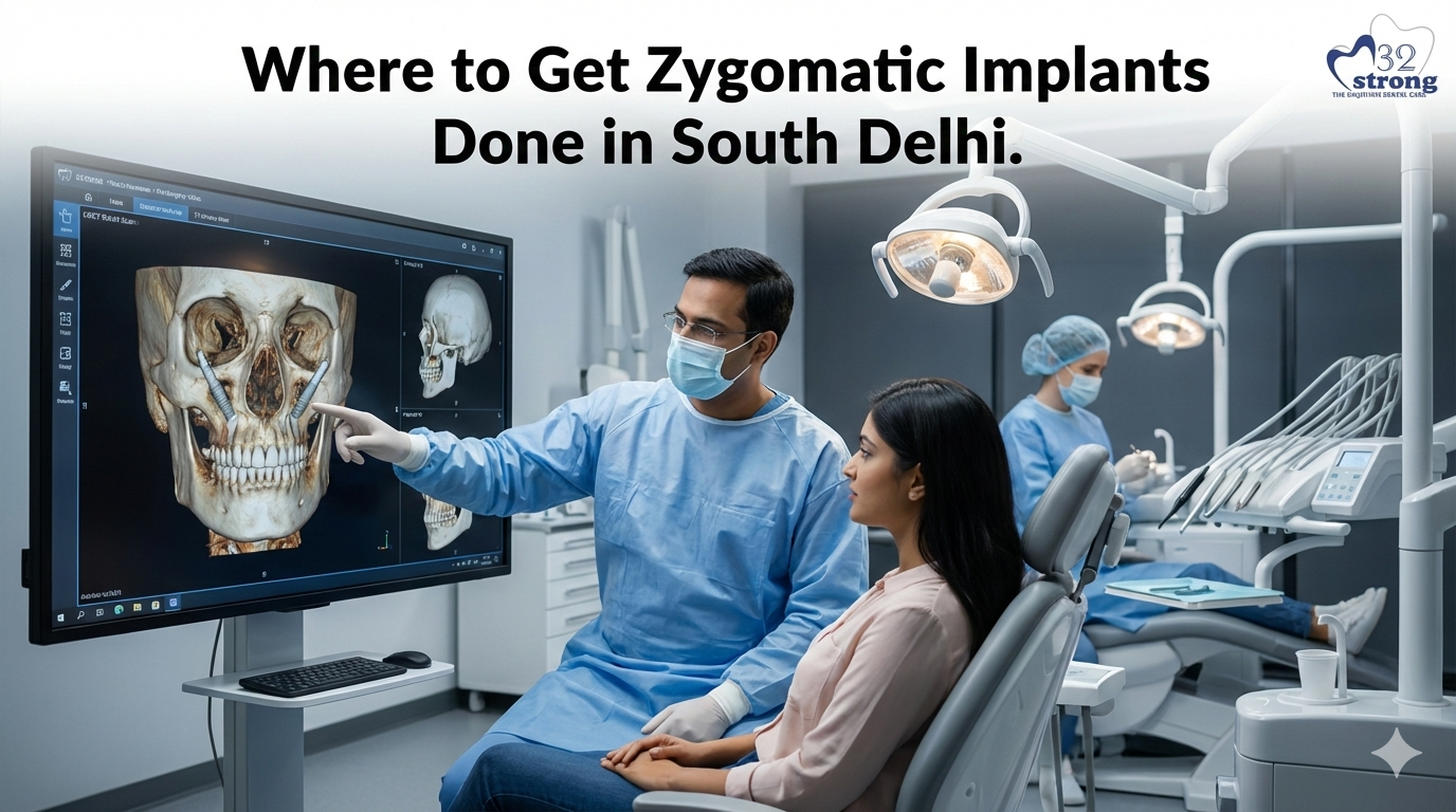 Oral surgeon explaining zygomatic dental implants with a 3D skull model in a South Delhi clinic