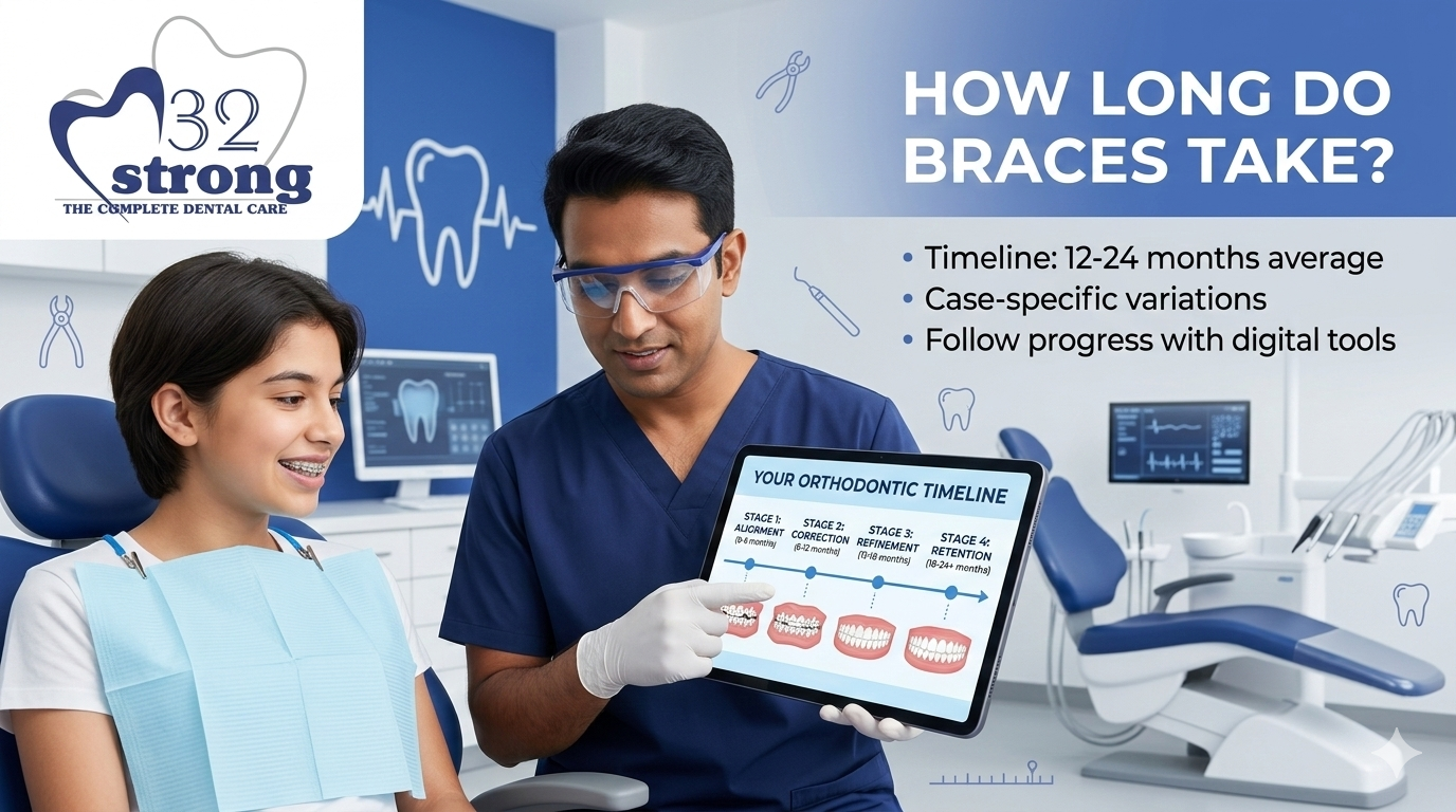 A dentist explaining an orthodontic treatment timeline to a young patient by pointing at a digital tablet displaying a progress chart. The office is a modern dental clinic with dental tools and equipment visible. The "32 Strong" logo is placed in the top-left corner.