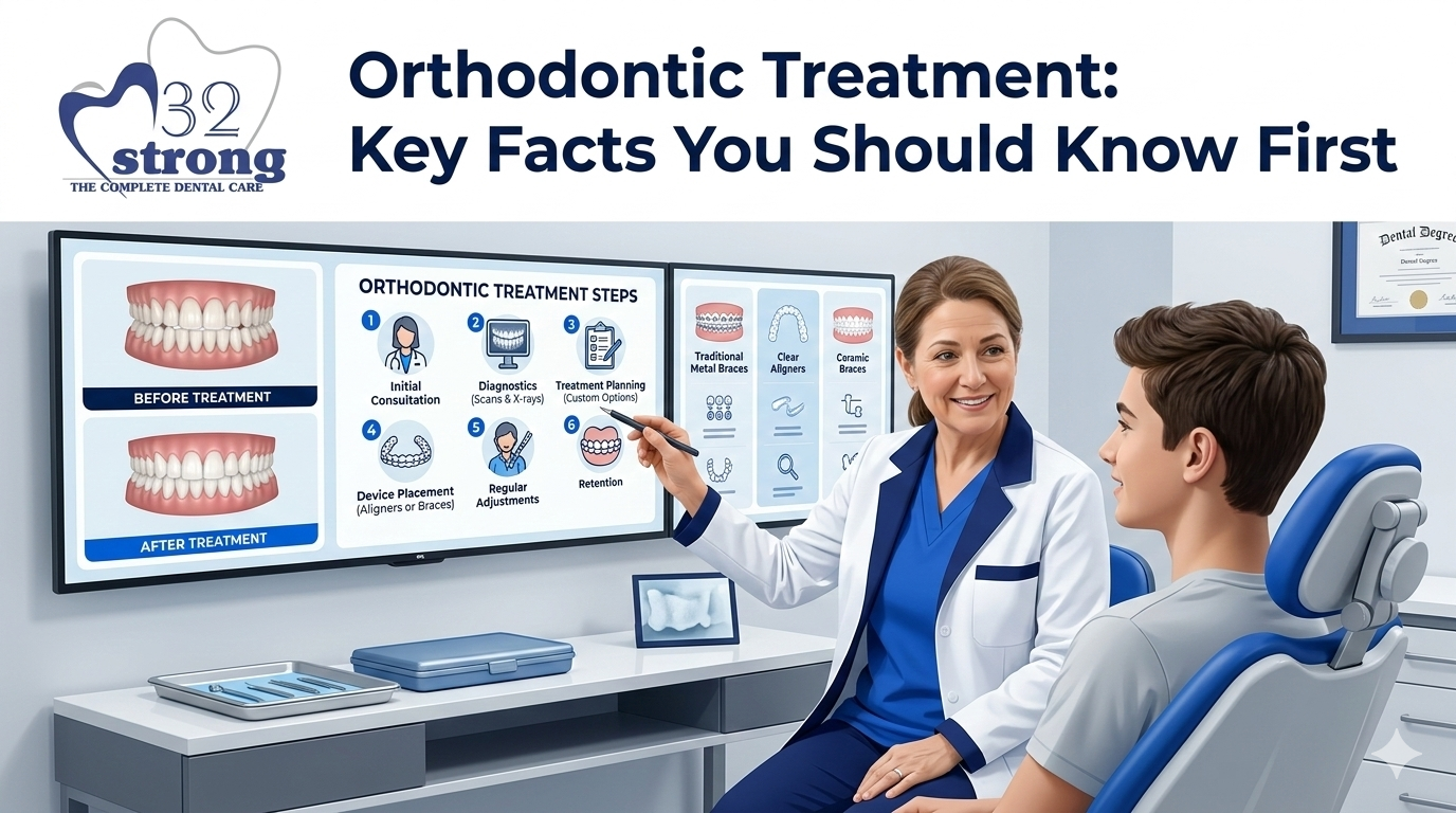 Orthodontic blog banner for 32 Strong showing a dentist explaining treatment steps on a digital screen to a patient.