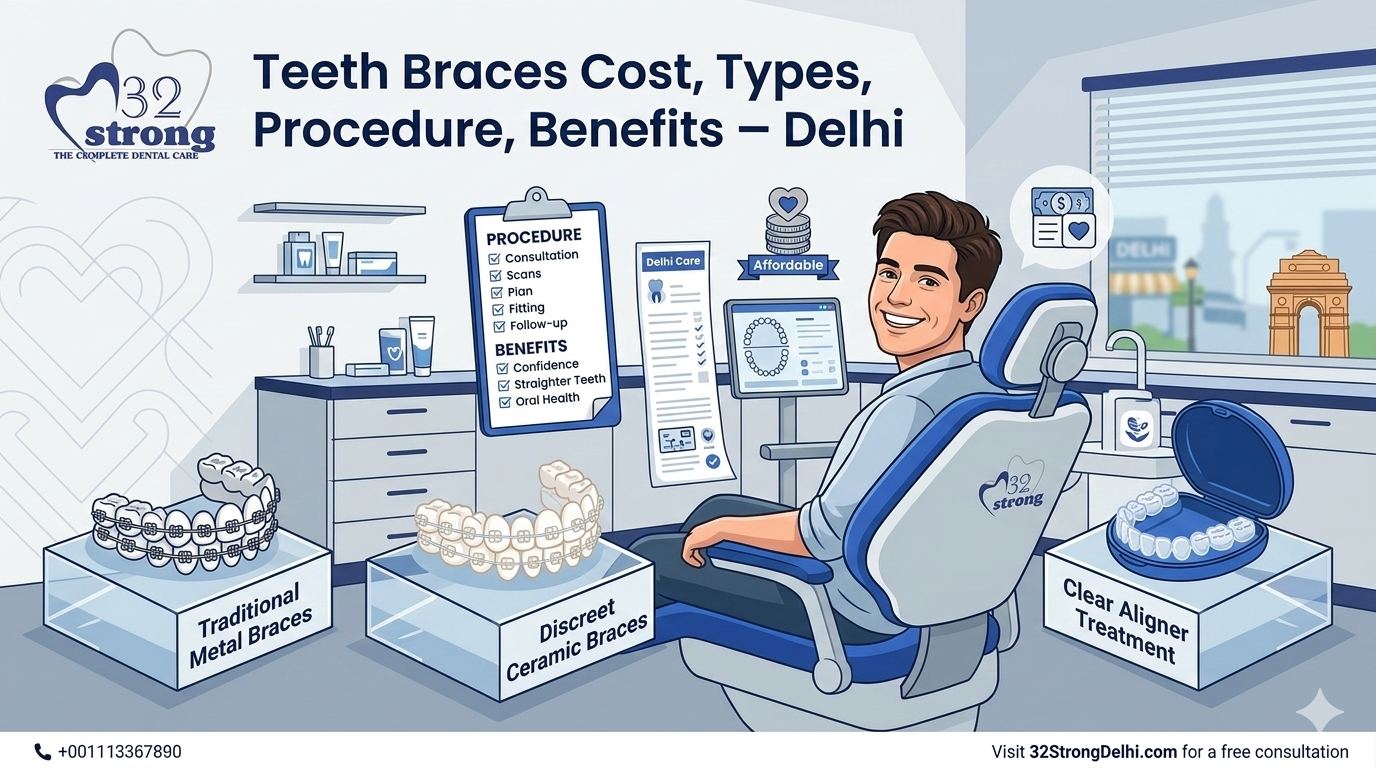 Dental treatment banner for 32 Strong in Delhi, featuring a patient and 3D displays of metal, ceramic, and clear aligner braces.