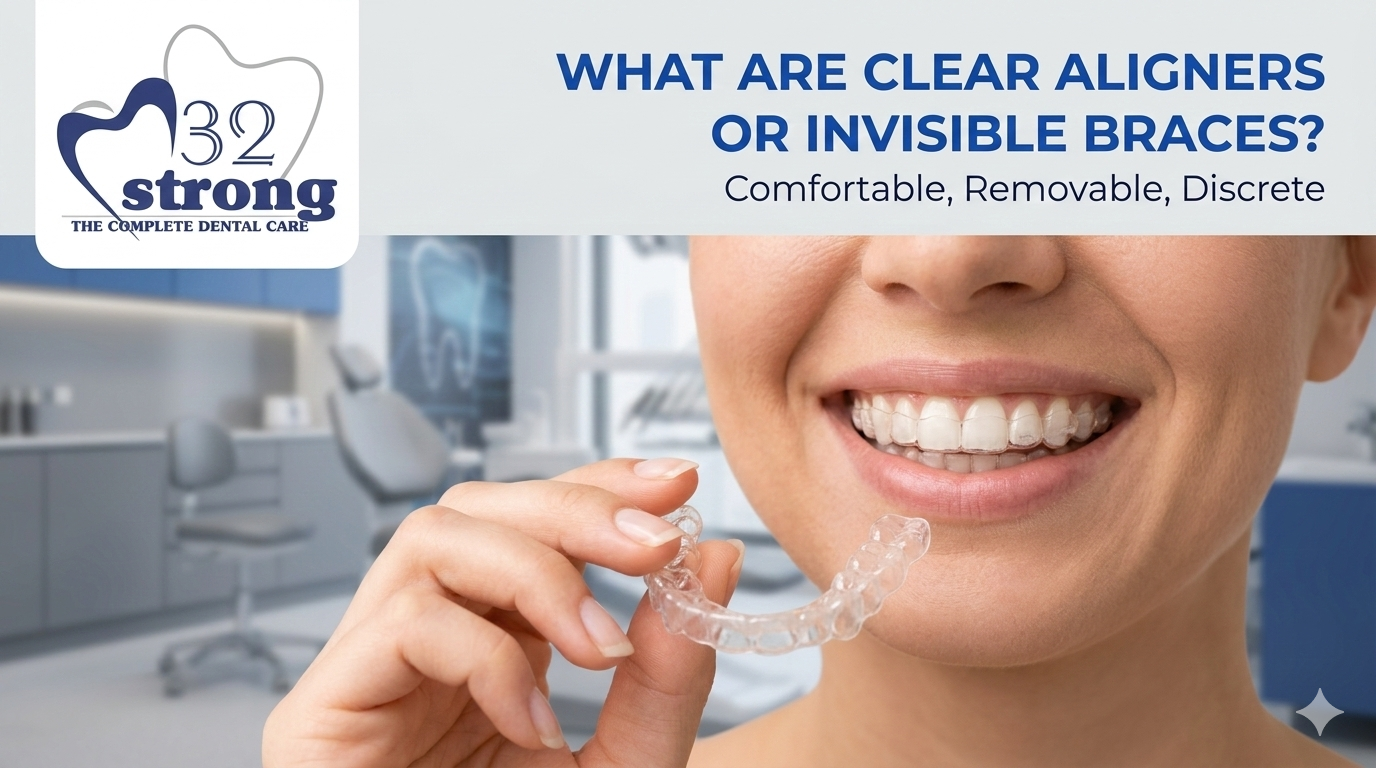 A close-up of a smiling patient holding a pair of clear plastic dental aligners in their hand. The background features a clean, professional dental clinic setting with soft lighting, and the "32 Strong" logo is positioned in the top-left corner.